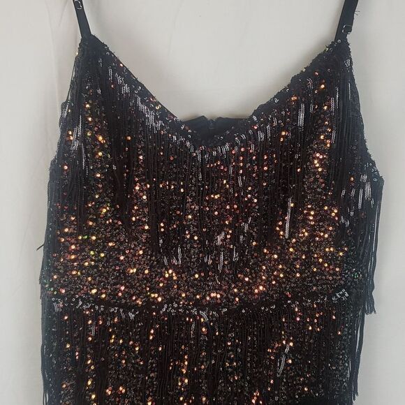 Double Crazy 3XL Copper & Green Sequin Black Tassel Bodysuit - Picture 2 of 10